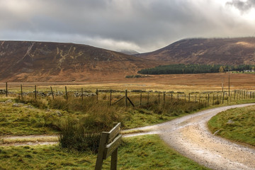 Scottish rural landscape. Pathway to Lochnagar. Cairngorms National Park and Royal Deeside. Ballater, Aberdeenshire, Scotland, UK. 