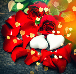 Red roses hearts Valentines Day decoration golden bokeh