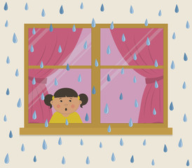 Window with pink curtains on a rainy day. A little girl in the room looks at the rain in surprise. View from the street side. Autumn background. Vector illustration.