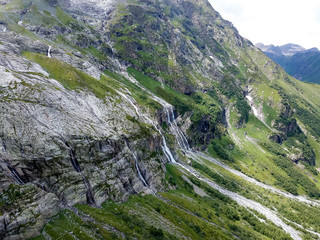 Aerial view from the drone. Sofia waterfalls, Lower Arkhyz, Karachay Cherkess Republic.