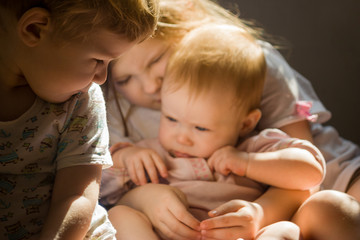 Family photo of children, sisters and brothers, kids without parents in the frame