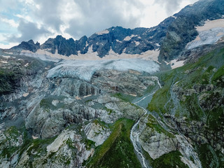 Aerial view from the drone.The source of Sofia waterfalls, Lower Arkhyz, Karachay Cherkess Republic.