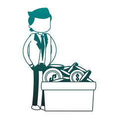 Businessman with coins in box blue lines