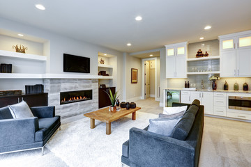 Beautiful modern living room interior with stone wall and fireplace in luxury home - 221509471