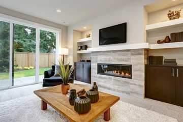 Beautiful modern living room interior with stone wall and fireplace in luxury home