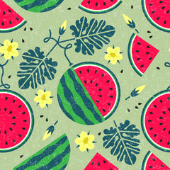 Ripe watermelon seamless pattern. Black currant with leaves and flowers on shabby background. Original simple flat illustration. Shabby style.