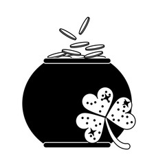 Pot with coins and clover in black and white