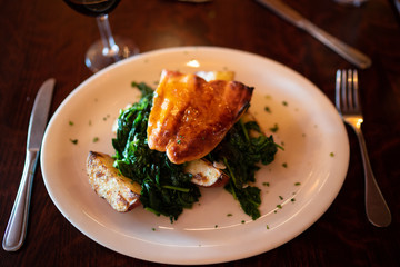 Grilled salmon at restaurant 
