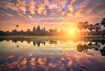 SIEM REAP, CAMBODIA - 13 December 2014:View of Angkor Wat at sunrise, Archaeological Park in Siem...