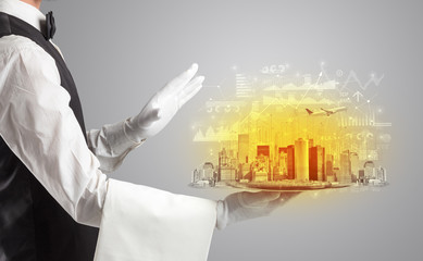 Waiter serving big city with report concept on tray
