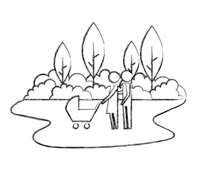 family couple with baby cart in landscape