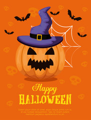 happy halloween card with pumpkinand witch hat