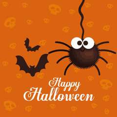 happy halloween card with spider and bats flying
