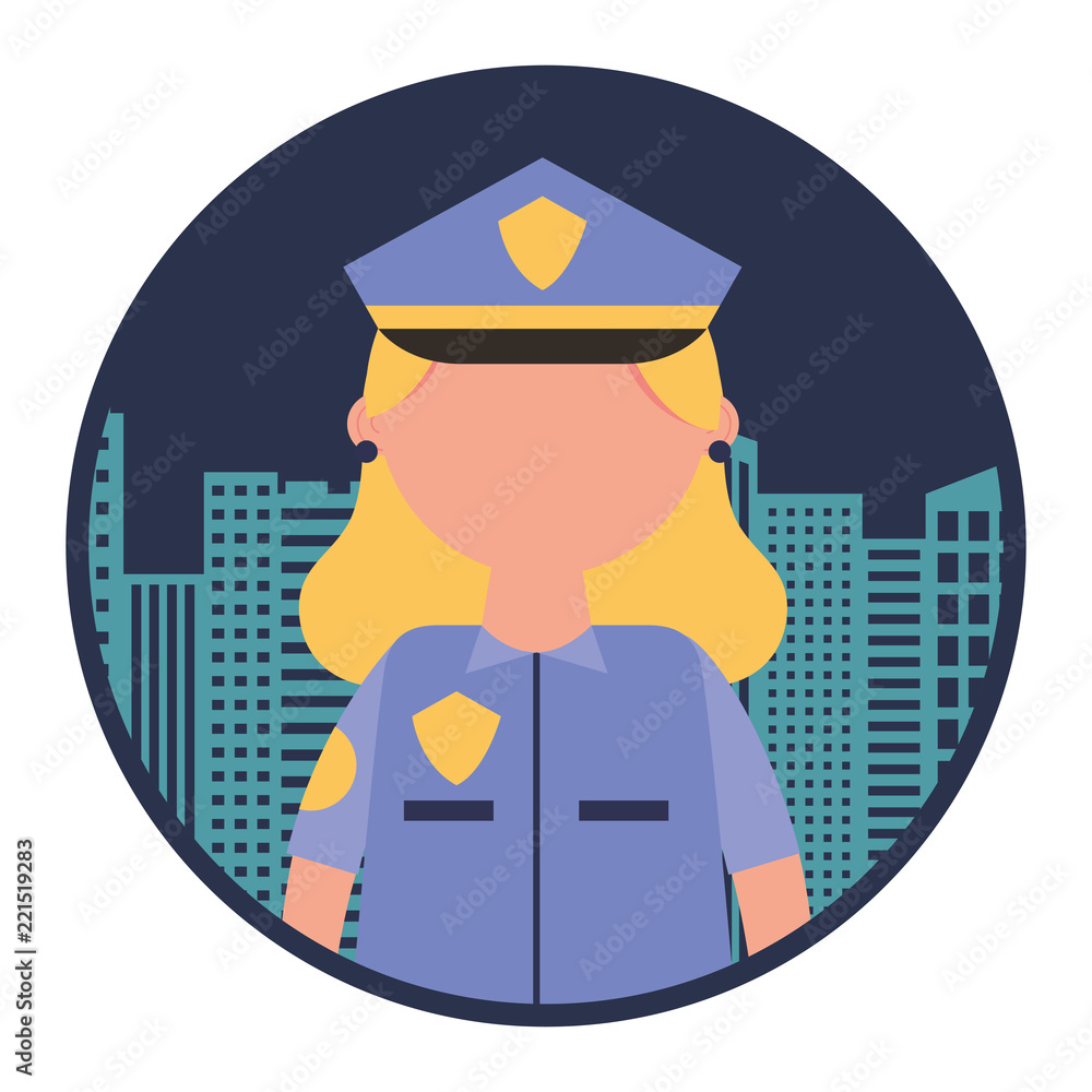 Wall mural woman officer police with cityscape