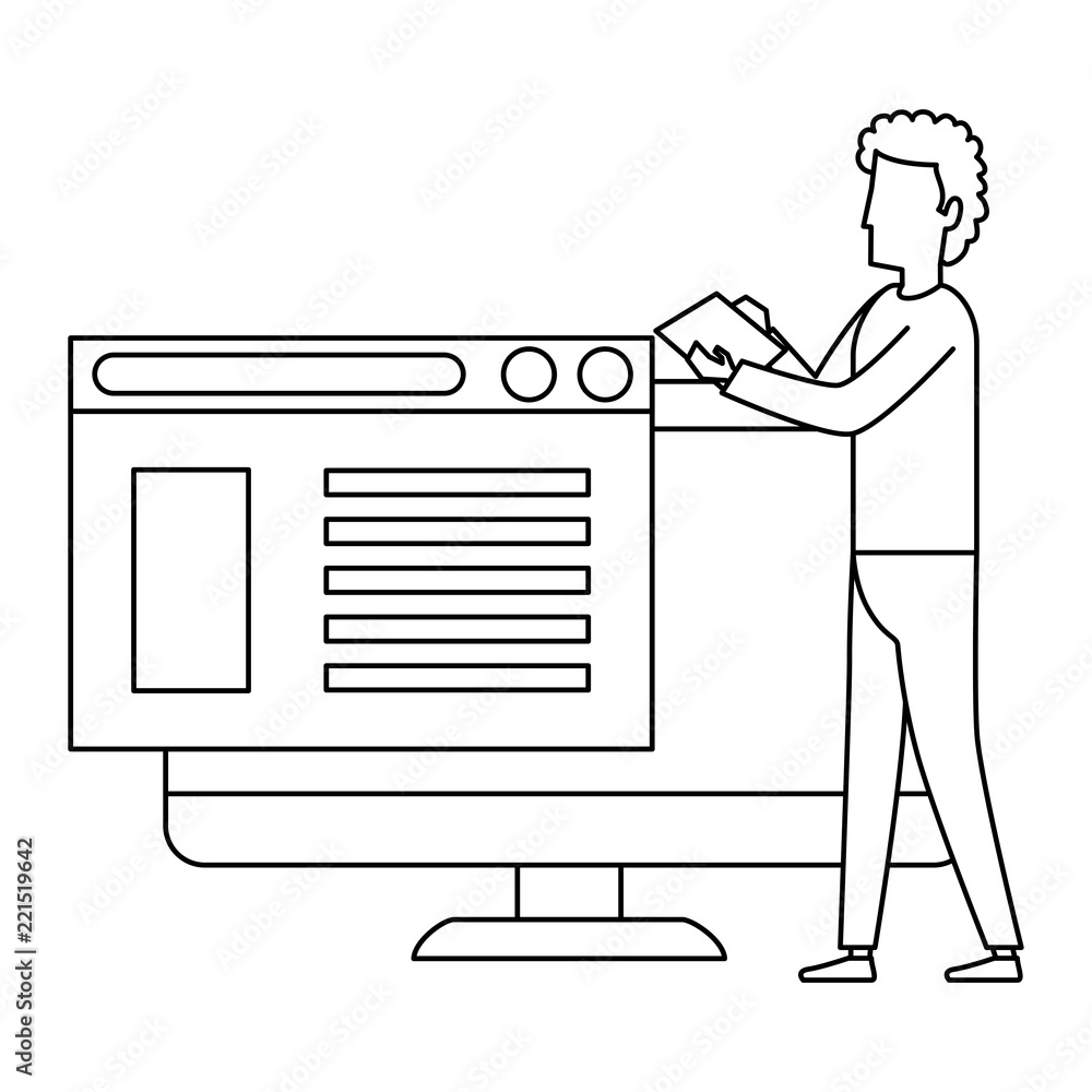 Poster young man working with computer programmed