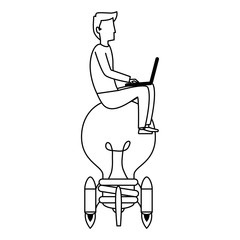 young man working with laptop in bulb launcher