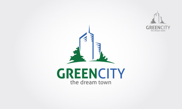 Green City Vector Logo Template.  A simple building image made from a simple line incorporate with a silhouette of trees. it's good for symbolize a green city concept.