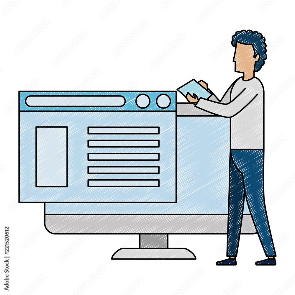 Poster young man working with computer programmed