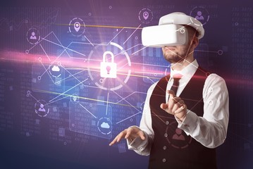 Businessman with DJI goggles controlling 3D illustrated network, and series on the background
