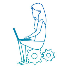 young woman working with laptop in gears