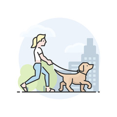 Blond woman walking yellow Labrador Retriever dog