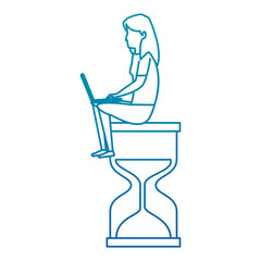 young woman working with laptop in hourglass