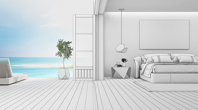 Sea view bedroom of luxury summer beach house with double bed near wooden floor terrace and swimming pool. Empty white frame on wall in vacation home or holiday villa. Hotel interior 3d illustration.