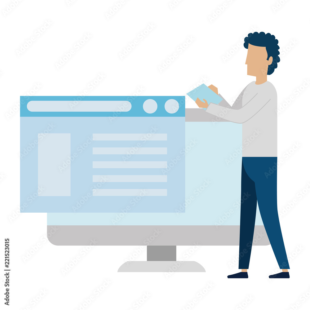 Poster young man working with computer programmed