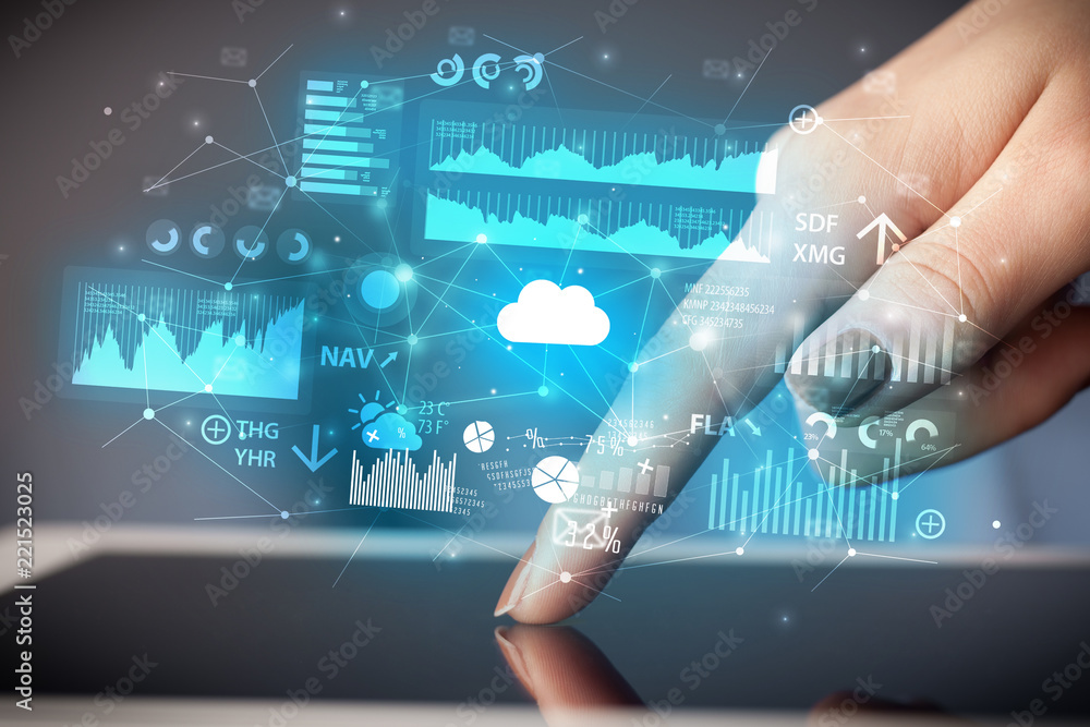 Poster businessman using tablet with flying application icons around