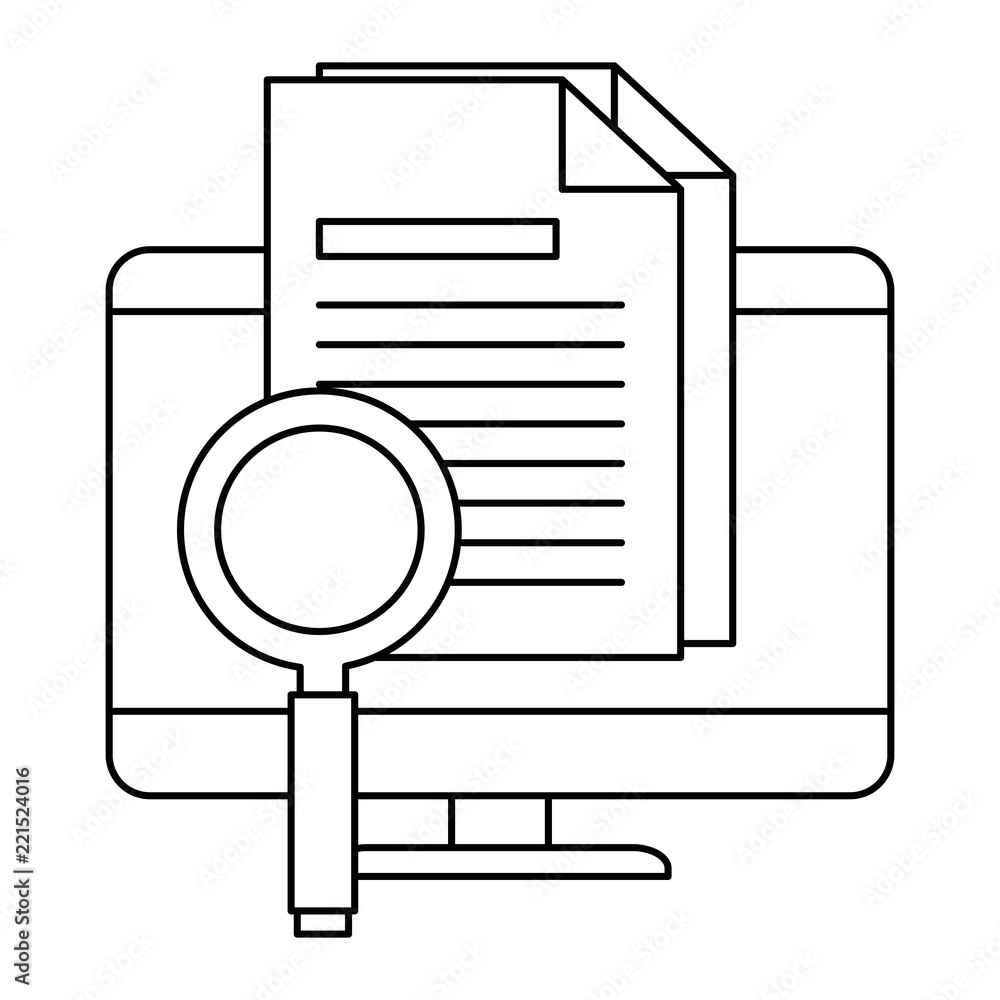 Poster computer desktop with magnifying glass and document