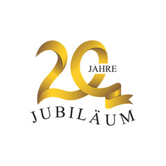 20 JUBILÄUM JAHRE ribbon number gold - obrazy, fototapety, plakaty