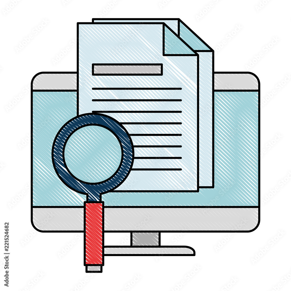 Poster computer desktop with magnifying glass and document