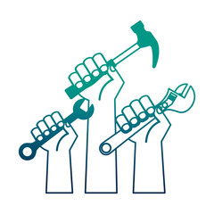 three hands holds hammer wrench and adjustable key