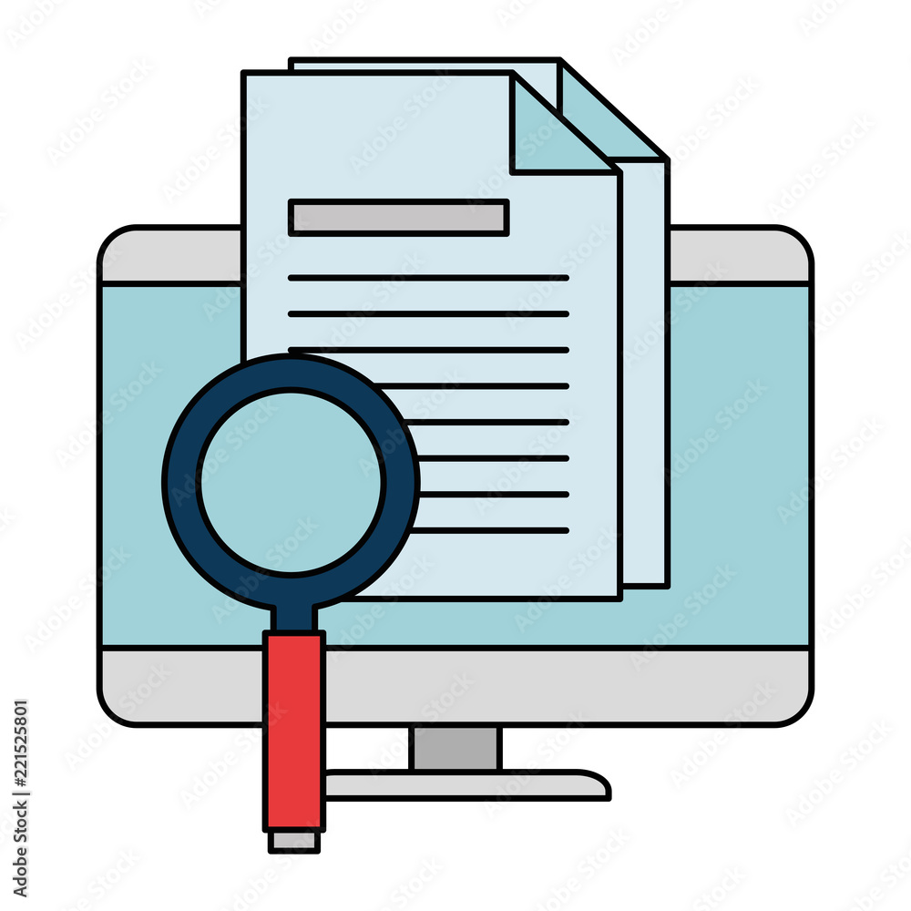 Poster computer desktop with magnifying glass and document