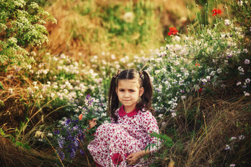 Portrait of a girl in the field . A child on a country walk in the field with flowers