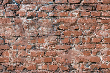 Old red grunge brickwall texture. Vintage brick wall with shabby faded background. Distressed stonewall wallpaper. Abstract web banner