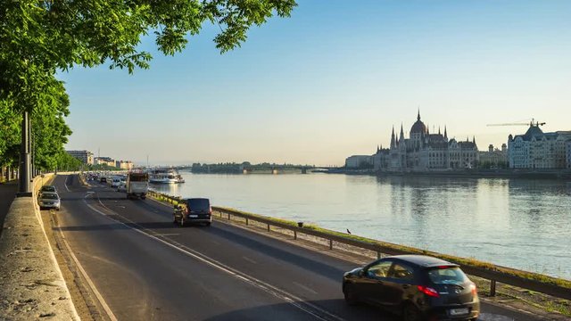 Budapest city street with view of Danube River in Hungary timelapse 4K