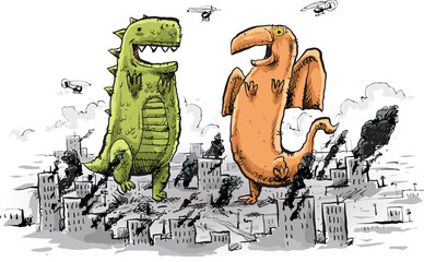 Cartoon of two giant monsters dancing happily in the wreckage of a destroyed city. © blambca