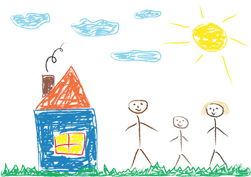 Сhildren's drawing of family (mother, father and child) and house, vector