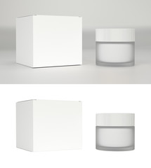 Realistic bottle and box mockup. Cream pot bottle and cardboard template. Cosmetic pot for face, skin, beauty.