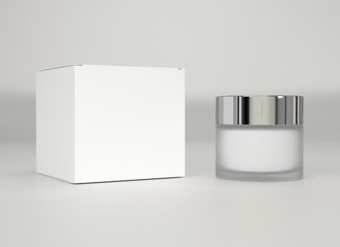 Realistic Pot, Bottle And Box Mockup. Cream Container And Cardboard Template. Cosmetic Pot For Face, Skin, Beauty.