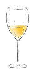Illustration with a glass of white wine isolated on white background. Wine collection. Gourmet drinks.