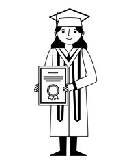 graduate woman in graduation robe and cap holds diploma