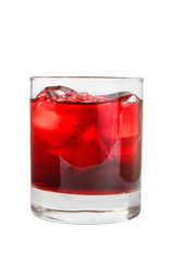 Monochrome transparent cocktail, refreshing in a low glass with a lot of ice cubes with taste of berries, cherries, strawberries, grapefruit. Side view Isolated white background. Drink for the menu