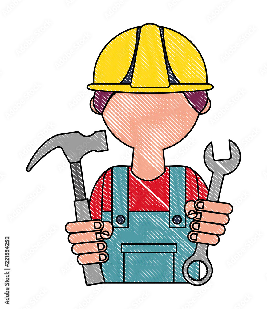 Poster man builder with hammer and wrench key tool