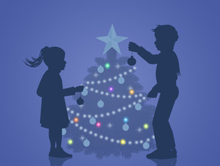 children decorate the Christmas tree