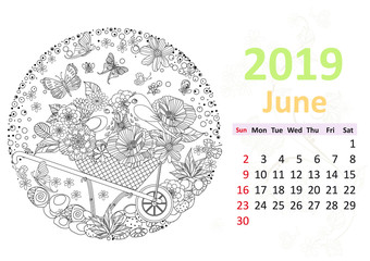 Happy coloring page. Calendar for 2019, june