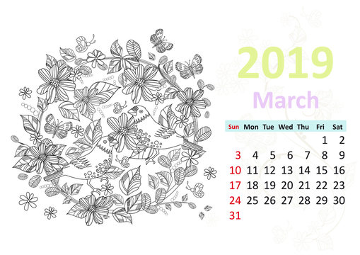 Happy coloring page. Calendar for 2019, march