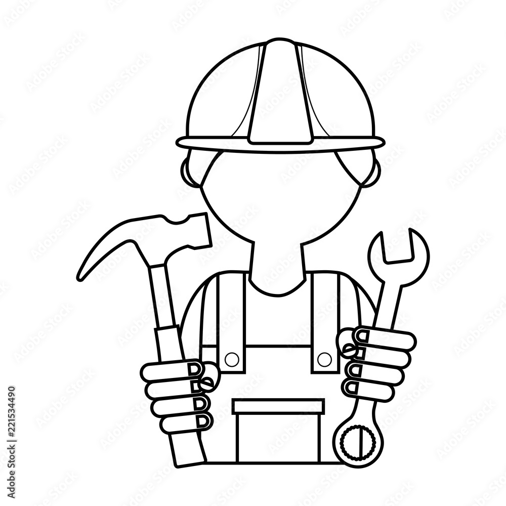 Poster man builder with hammer and wrench key tool