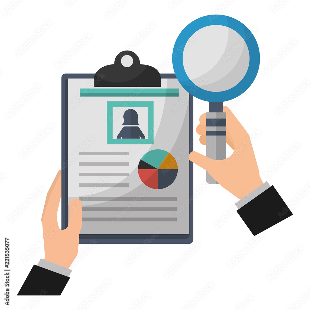 Poster hands with magnifying glass and document file statistics pie